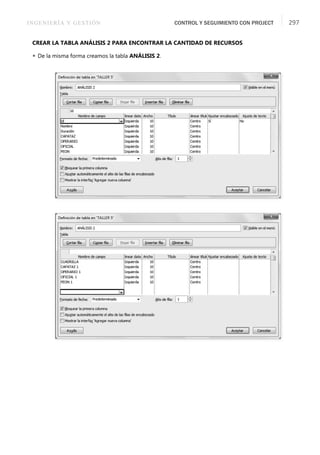 INGENIERÍA Y GESTIÓN CONTROL Y SEGUIMIENTO CON PROJECT 297
CREAR LA TABLA ANÁLISIS 2 PARA ENCONTRAR LA CANTIDAD DE RECURSOS
 De la misma forma creamos la tabla ANÁLISIS 2.
 