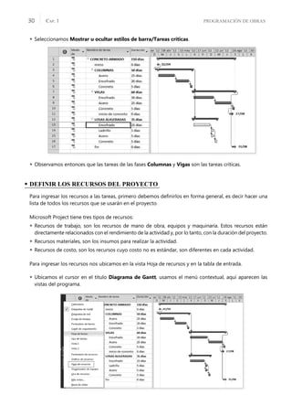 PROGRAMACIÓN DE OBRAS
CAP. 1
30
 Seleccionamos Mostrar u ocultar estilos de barra/Tareas críticas.
 Observamos entonces que las tareas de las fases Columnas y Vigas son las tareas críticas.
• DEFINIR LOS RECURSOS DEL PROYECTO
Para ingresar los recursos a las tareas, primero debemos deﬁnirlos en forma general, es decir hacer una
lista de todos los recursos que se usarán en el proyecto.
Microsoft Project tiene tres tipos de recursos:
 Recursos de trabajo, son los recursos de mano de obra, equipos y maquinaria. Estos recursos están
directamente relacionados con el rendimiento de la actividad y, por lo tanto, con la duración del proyecto.
 Recursos materiales, son los insumos para realizar la actividad.
 Recursos de costo, son los recursos cuyo costo no es estándar, son diferentes en cada actividad.
Para ingresar los recursos nos ubicamos en la vista Hoja de recursos y en la tabla de entrada.
 Ubicamos el cursor en el título Diagrama de Gantt, usamos el menú contextual, aquí aparecen las
vistas del programa.
 
