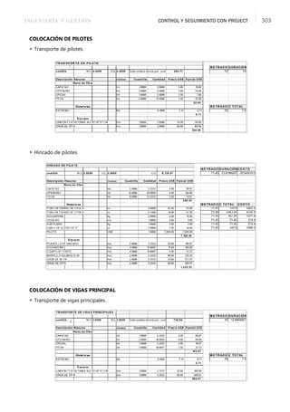 INGENIERÍA Y GESTIÓN CONTROL Y SEGUIMIENTO CON PROJECT 303
COLOCACIÓN DE PILOTES
 Transporte de pilotes.
 Hincado de pilotes.
COLOCACIÓN DE VIGAS PRINCIPAL
 Transporte de vigas principales.
 