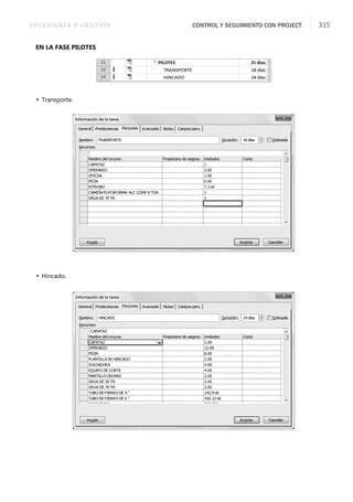 INGENIERÍA Y GESTIÓN CONTROL Y SEGUIMIENTO CON PROJECT 315
EN LA FASE PILOTES
 Transporte.
 Hincado.
 