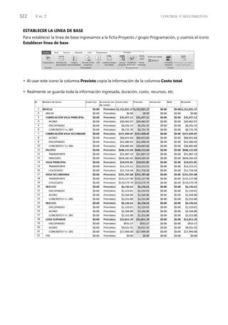 CONTROL Y SEGUIMIENTO
CAP. 2
322
ESTABLECER LA LINEA DE BASE
Para establecer la línea de base ingresamos a la ﬁcha Proyecto / grupo Programación, y usamos el icono
Establecer línea de base.
 Al usar este icono la columna Previsto copia la información de la columna Costo total.
 Realmente se guarda toda la información ingresada, duración, costo, recursos, etc.
 