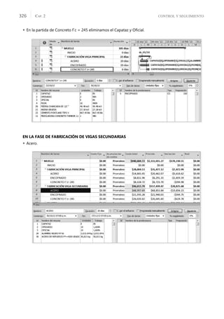 CONTROL Y SEGUIMIENTO
CAP. 2
326
 En la partida de Concreto f´c = 245 eliminamos el Capataz y Oﬁcial.
EN LA FASE DE FABRICACIÓN DE VIGAS SECUNDARIAS
 Acero.
 