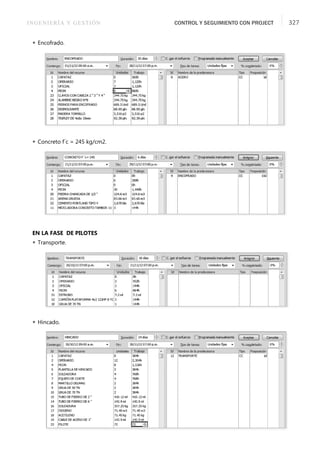 INGENIERÍA Y GESTIÓN CONTROL Y SEGUIMIENTO CON PROJECT 327
 Encofrado.
 Concreto f´c = 245 kg/cm2.
EN LA FASE DE PILOTES
 Transporte.
 Hincado.
 