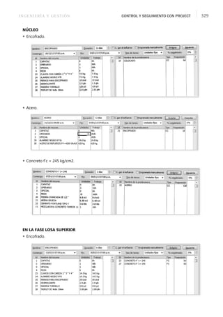 INGENIERÍA Y GESTIÓN CONTROL Y SEGUIMIENTO CON PROJECT 329
NÚCLEO
 Encofrado.
 Acero.
 Concreto f´c = 245 kg/cm2.
EN LA FASE LOSA SUPERIOR
 Encofrado.
 