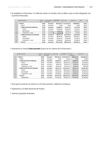 INGENIERÍA Y GESTIÓN CONTROL Y SEGUIMIENTO CON PROJECT 333
 Al establecer la línea base 1 la tabla de costos no cambia, esto se debe a que se está trabajando con
la primera línea base.
 Insertamos el campo Costo previsto 1 para ver los valores de la línea base 1.
 Para que la variación se calcule con el Costo previsto 1 debemos conﬁgurar.
 Ingresamos a la tabla Opciones de Project.
 Usamos la pestaña Avanzado.
 