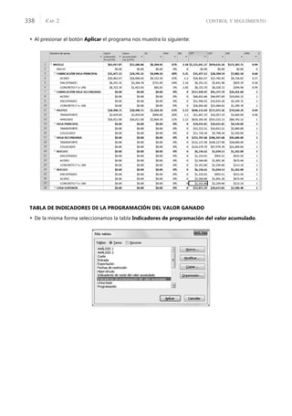 CONTROL Y SEGUIMIENTO
CAP. 2
338
 Al presionar el botón Aplicar el programa nos muestra lo siguiente:
TABLA DE INDICADORES DE LA PROGRAMACIÓN DEL VALOR GANADO
 De la misma forma seleccionamos la tabla Indicadores de programación del valor acumulado.
 