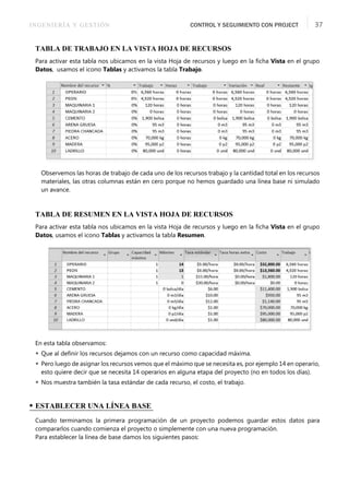 INGENIERÍA Y GESTIÓN CONTROL Y SEGUIMIENTO CON PROJECT 37
TABLA DE TRABAJO EN LA VISTA HOJA DE RECURSOS
Para activar esta tabla nos ubicamos en la vista Hoja de recursos y luego en la ﬁcha Vista en el grupo
Datos, usamos el icono Tablas y activamos la tabla Trabajo.
Observemos las horas de trabajo de cada uno de los recursos trabajo y la cantidad total en los recursos
materiales, las otras columnas están en cero porque no hemos guardado una línea base ni simulado
un avance.
TABLA DE RESUMEN EN LA VISTA HOJA DE RECURSOS
Para activar esta tabla nos ubicamos en la vista Hoja de recursos y luego en la ﬁcha Vista en el grupo
Datos, usamos el icono Tablas y activamos la tabla Resumen.
En esta tabla observamos:
 Que al deﬁnir los recursos dejamos con un recurso como capacidad máxima.
 Pero luego de asignar los recursos vemos que el máximo que se necesita es, por ejemplo 14 en operario,
esto quiere decir que se necesita 14 operarios en alguna etapa del proyecto (no en todos los días).
 Nos muestra también la tasa estándar de cada recurso, el costo, el trabajo.
• ESTABLECER UNA LÍNEA BASE
Cuando terminamos la primera programación de un proyecto podemos guardar estos datos para
compararlos cuando comienza el proyecto o simplemente con una nueva programación.
Para establecer la línea de base damos los siguientes pasos:
 