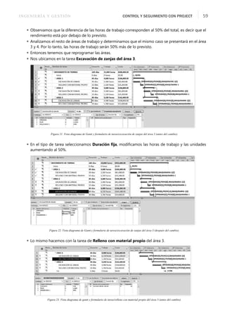 INGENIERÍA Y GESTIÓN CONTROL Y SEGUIMIENTO CON PROJECT 59
 Observamos que la diferencia de las horas de trabajo corresponden al 50% del total, es decir que el
rendimiento está por debajo de lo previsto.
 Analizamos el resto de áreas de trabajo y determinamos que el mismo caso se presentará en el área
3 y 4. Por lo tanto, las horas de trabajo serán 50% más de lo previsto.
 Entonces tenemos que reprogramar las áreas.
 Nos ubicamos en la tarea Excavación de zanjas del área 3.
Figura 21. Vista diagrama de Gantt y formulario de tarea/excavación de zanjas del área 3 (antes del cambio).
 En el tipo de tarea seleccionamos Duración ﬁja, modiﬁcamos las horas de trabajo y las unidades
aumentando al 50%.
Figura 22. Vista diagrama de Gantt y formulario de tarea/excavación de zanjas del área 3 (después del cambio).
 Lo mismo hacemos con la tarea de Relleno con material propio del área 3.
Figura 23. Vista diagrama de gantt y formulario de tarea/relleno con material propio del área 3 (antes del cambio).
 