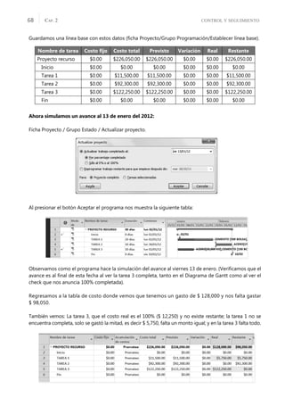 CONTROL Y SEGUIMIENTO
CAP. 2
68
Guardamos una línea base con estos datos (ﬁcha Proyecto/Grupo Programación/Establecer línea base).
Ahora simulamos un avance al 13 de enero del 2012:
Ficha Proyecto / Grupo Estado / Actualizar proyecto.
Al presionar el botón Aceptar el programa nos muestra la siguiente tabla:
Observamos como el programa hace la simulación del avance al viernes 13 de enero. (Veriﬁcamos que el
avance es al ﬁnal de esta fecha al ver la tarea 3 completa, tanto en el Diagrama de Gantt como al ver el
check que nos anuncia 100% completada).
Regresamos a la tabla de costo donde vemos que tenemos un gasto de $ 128,000 y nos falta gastar
$ 98,050.
También vemos: La tarea 3, que el costo real es el 100% ($ 12,250) y no existe restante; la tarea 1 no se
encuentra completa, solo se gastó la mitad, es decir $ 5,750, falta un monto igual; y en la tarea 3 falta todo.
Nombre de tarea Costo ﬁjo Costo total Previsto Variación Real Restante
Proyecto recurso $0.00 $226,050.00 $226,050.00 $0.00 $0.00 $226,050.00
Inicio $0.00 $0.00 $0.00 $0.00 $0.00 $0.00
Tarea 1 $0.00 $11,500.00 $11,500.00 $0.00 $0.00 $11,500.00
Tarea 2 $0.00 $92,300.00 $92,300.00 $0.00 $0.00 $92,300.00
Tarea 3 $0.00 $122,250.00 $122,250.00 $0.00 $0.00 $122,250.00
Fin $0.00 $0.00 $0.00 $0.00 $0.00 $0.00
 