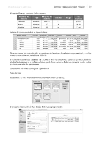 INGENIERÍA Y GESTIÓN CONTROL Y SEGUIMIENTO CON PROJECT 69
Ahora modiﬁcamos los costos de los recursos.
La tabla de costos quedará de la siguiente tabla:
Observemos que los costos iniciales se mantienen en la primera línea base (costos previstos) y con los
nuevos costos existe una variación de $ 19,450.
El real también cambia de $ 128,000 a $ 138,900, es decir no solo afecta a las tareas que faltan, también
afecta a las tareas que ya se realizaron, lo que puede llevar a un error. Debemos comparar con los costos
previstos para saber los gastos reales.
Comparamos los costos con ﬂujo de caja mensual.
Flujos de Caja
Ingresamos a la ﬁcha Proyecto/Informes/Informes/Costo/Flujo de caja.
El programa nos muestra el ﬂujo de caja de la nueva programación:
Nombre del
recurso
Tipo
Etiqueta de
material
Iniciales Grupo
Tasa
estándar
Cemento Material BOLSA C $16.00
Acero Material KG A $6.50
Madera Material P2 M $5.00
 