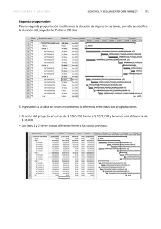 INGENIERÍA Y GESTIÓN CONTROL Y SEGUIMIENTO CON PROJECT 91
Segunda programación
Para la segunda programación modiﬁcamos la duración de alguna de las tareas, con ello se modiﬁca
la duración del proyecto de 75 días a 100 días.
Si ingresamos a la tabla de costos encontramos la diferencia entre estas dos programaciones.
 El costo del proyecto actual es de $ 1065,250 frente a $ 1027,250 y tenemos una diferencia de
$ 38,000.
 Las fases 1 y 2 tienen costos diferentes frente a los costos previstos.
 