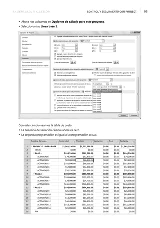 INGENIERÍA Y GESTIÓN CONTROL Y SEGUIMIENTO CON PROJECT 95
 Ahora nos ubicamos en Opciones de cálculo para este proyecto.
 Seleccionamos Línea base 1.
Con este cambio veamos la tabla de costo:
 La columna de variación cambia ahora es cero.
 La segunda programación es igual a la programación actual.
 