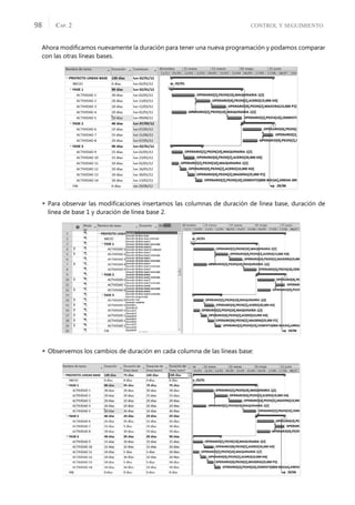 CONTROL Y SEGUIMIENTO
CAP. 2
98
Ahora modiﬁcamos nuevamente la duración para tener una nueva programación y podamos comparar
con las otras líneas bases.
 Para observar las modiﬁcaciones insertamos las columnas de duración de línea base, duración de
línea de base 1 y duración de línea base 2.
 Observemos los cambios de duración en cada columna de las líneas base:
 