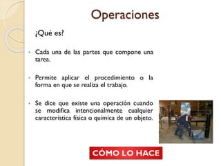 Operaciones
¿Qué es?
• Cada una de las partes que compone una
tarea.
• Permite aplicar el procedimiento o la
forma en que se realiza el trabajo.
• Se dice que existe una operación cuando
se modifica intencionalmente cualquier
característica física o química de un objeto.
CÓMO LO HACE
 