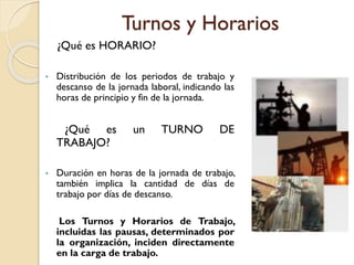 Turnos y Horarios
¿Qué es HORARIO?
• Distribución de los periodos de trabajo y
descanso de la jornada laboral, indicando las
horas de principio y fin de la jornada.
¿Qué es un TURNO DE
TRABAJO?
• Duración en horas de la jornada de trabajo,
también implica la cantidad de días de
trabajo por días de descanso.
Los Turnos y Horarios de Trabajo,
incluidas las pausas, determinados por
la organización, inciden directamente
en la carga de trabajo.
 