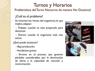 Turnos y Horarios
Problemática del Turno Nocturno de manera No Ocasional
¿Cuál es el problema?
• Se invierten los ritmos del organismo, lo que
implica adaptar:
- Trabajar cuando se está preparado para
descansar.
- Dormir cuando el organismo está más
activo.
¿Qué puede ocasionar?
- Baja producción.
- Accidentes graves.
- Errores en el proceso que generen
pérdidas considerables por la disminución
de alerta y la capacidad de reacción y
memorización.
 