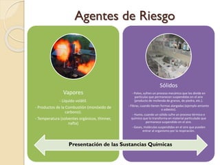 Agentes de Riesgo
Vapores
- Líquido volátil.
- Productos de la Combustión (monóxido de
carbono).
- Temperatura (solventes orgánicos, thinner,
nafta)
Sólidos
- Polvo, sufren un proceso mecánico que los divide en
partículas que permanecen suspendidas en el aire
(producto de molienda de granos, de piedra, etc.).
- Fibras, cuando tienen formas alargadas (ejemplo amianto
o asbesto).
- Humo, cuando un sólido sufre un proceso térmico o
químico que lo transforma en material particulado que
permanece suspendido en el aire.
- Gases, moléculas suspendidas en el aire que pueden
entrar al organismo por la respiración.
Presentación de las Sustancias Químicas
 