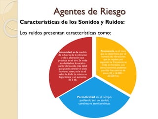 Características de los Sonidos y Ruidos:
Los ruidos presentan características como:
Agentes de Riesgo
Frecuencia, es el tono
que se determina por el
número de vibraciones
que se repiten por
segundo. La frecuencia se
mide en hertzios. Los
seres humanos podemos
percibir frecuencias de
entre 20 y 16.000 –
20.000 hzs.
Periodicidad en el tiempo,
pudiendo ser un sonido
continuo o semicontinuo.
Intensidad, es la medida
de la fuerza de la vibración
y de la alteración que
produce en el aire. Se mide
en decibelios, la escala a
partir del sonido más débil
que puede percibir el oído
humano joven, se le da el
valor de 0 db. La misma es
logarítmica y un aumento
de 3 db.
 