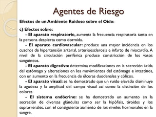 Efectos de un Ambiente Ruidoso sobre el Oído:
c) Efectos sobre:
- El aparato respiratorio, aumenta la frecuencia respiratoria tanto en
la persona despierta como dormida.
- El aparato cardiovascular: produce una mayor incidencia en los
cuadros de hipertensión arterial, arterioesclerosis e infarto de miocardio. A
nivel de la circulación periférica produce constricción de los vasos
sanguíneos.
- El aparato digestivo: determina modificaciones en la secreción ácida
del estómago y alteraciones en los movimientos del estómago e intestinos,
con un aumento en la frecuencia de úlceras duodenales y cólicos.
- El aparato visual: se ha demostrado que un ruido elevado disminuye
la agudeza y la amplitud del campo visual así como la distinción de los
colores.
- El sistema endócrino: se ha demostrado un aumento en la
secreción de diversas glándulas como ser la hipófisis, tiroides y los
suprarrenales, con el consiguiente aumento de los niveles hormonales en la
sangre.
Agentes de Riesgo
 