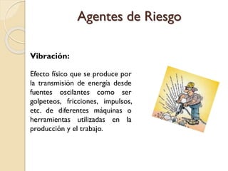 Vibración:
Efecto físico que se produce por
la transmisión de energía desde
fuentes oscilantes como ser
golpeteos, fricciones, impulsos,
etc. de diferentes máquinas o
herramientas utilizadas en la
producción y el trabajo.
Agentes de Riesgo
 