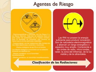 Agentes de Riesgo
- Electromagnéticas o fotónicas: son los Rayos X y
los Rayos Gamma, Este tipo de radiación tiene un
gran poder de penetración en el cuerpo humano,
pero la densidad de ionización que provoca es
menor que la de las partículas materiales.
- Corpusculares: son las radiaciones Alfa (núcleos de
He); Beta (electrones), protones y neutrones.
Efectos biológicos de las RI en el hombre
Los efectos biológicos provocados por la radiación
ionizante se clasifican en:
- Efectos somáticos: no se transmiten
hereditariamente.
- Efectos genéticos: se transmiten hereditariamente.
Las RNI no poseen la energía
suficiente para producir ionización.
Son de naturaleza electromagnética
y abarcan un rango energético o
espectro muy amplio. Comprende a
las ondas de radio, micro-ondas,
radar, la zona del infrarrojo, de la luz
visible y de la ultravioleta.
Clasificación de las Radiaciones:
 