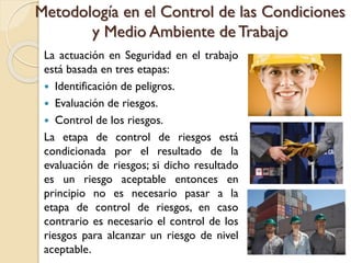 Metodología en el Control de las Condiciones
y Medio Ambiente de Trabajo
La actuación en Seguridad en el trabajo
está basada en tres etapas:
 Identificación de peligros.
 Evaluación de riesgos.
 Control de los riesgos.
La etapa de control de riesgos está
condicionada por el resultado de la
evaluación de riesgos; si dicho resultado
es un riesgo aceptable entonces en
principio no es necesario pasar a la
etapa de control de riesgos, en caso
contrario es necesario el control de los
riesgos para alcanzar un riesgo de nivel
aceptable.
 