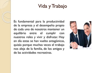 Vida yTrabajo
Es fundamental para la productividad
de la empresa y el desempeño propio
de cada uno de nosotros mantener un
equilibrio entre el cumplir con
nuestros roles y vivir y disfrutar. Hoy
en día estas se han vuelto antagónicas,
quizás porque muchas veces el trabajo
nos aleja de la familia, de los amigos y
de las actividades recreativas.
 
