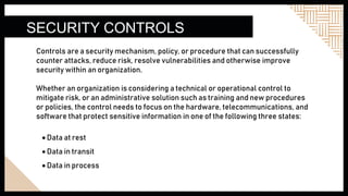 SECURITY CONTROLS
Controls are a security mechanism, policy, or procedure that can successfully
counter attacks, reduce risk, resolve vulnerabilities and otherwise improve
security within an organization.
Whether an organization is considering a technical or operational control to
mitigate risk, or an administrative solution such as training and new procedures
or policies, the control needs to focus on the hardware, telecommunications, and
software that protect sensitive information in one of the following three states:
 Data at rest
 Data in transit
 Data in process
 