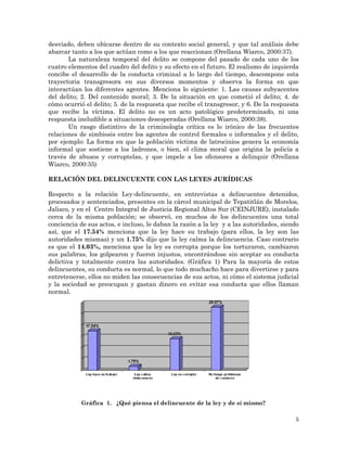 5
desviado, deben ubicarse dentro de su contexto social general, y que tal análisis debe
abarcar tanto a los que actúan como a los que reaccionan (Orellana Wiarco, 2000:37).
La naturaleza temporal del delito se compone del pasado de cada uno de los
cuatro elementos del cuadro del delito y su efecto en el futuro. El realismo de izquierda
concibe el desarrollo de la conducta criminal a lo largo del tiempo, descompone esta
trayectoria transgresora en sus diversos momentos y observa la forma en que
interactúan los diferentes agentes. Menciona lo siguiente: 1. Las causas subyacentes
del delito; 2. Del contenido moral; 3. De la situación en que cometió el delito; 4. de
cómo ocurrió el delito; 5. de la respuesta que recibe el transgresor, y 6. De la respuesta
que recibe la víctima. El delito no es un acto patológico predeterminado, ni una
respuesta ineludible a situaciones desesperadas (Orellana Wiarco, 2000:38).
Un rasgo distintivo de la criminología crítica es lo irónico de las frecuentes
relaciones de simbiosis entre los agentes de control formales o informales y el delito,
por ejemplo: La forma en que la población víctima de latrocinios genera la economía
informal que sostiene a los ladrones, o bien, el clima moral que origina la policía a
través de abusos y corruptelas, y que impele a los ofensores a delinquir (Orellana
Wiarco, 2000:35)
RELACIÓN DEL DELINCUENTE CON LAS LEYES JURÍDICAS
Respecto a la relación Ley-delincuente, en entrevistas a delincuentes detenidos,
procesados y sentenciados, presentes en la cárcel municipal de Tepatitlán de Morelos,
Jalisco, y en el Centro Integral de Justicia Regional Altos Sur (CEINJURE), instalado
cerca de la misma población; se observó, en muchos de los delincuentes una total
conciencia de sus actos, e incluso, le daban la razón a la ley y a las autoridades, siendo
así, que el 17.54% menciona que la ley hace su trabajo (para ellos, la ley son las
autoridades mismas) y un 1.75% dijo que la ley calma la delincuencia. Caso contrario
es que el 14.03%, menciona que la ley es corrupta porque los torturaron, cambiaron
sus palabras, los golpearon y fueron injustos, encontrándose sin aceptar su conducta
delictiva y totalmente contra las autoridades. (Gráfica 1) Para la mayoría de estos
delincuentes, su conducta es normal, lo que todo muchacho hace para divertirse y para
entretenerse, ellos no miden las consecuencias de sus actos, ni cómo el sistema judicial
y la sociedad se preocupan y gastan dinero en evitar esa conducta que ellos llaman
normal.
Gráfica 1. ¿Qué piensa el delincuente de la ley y de sí mismo?
 