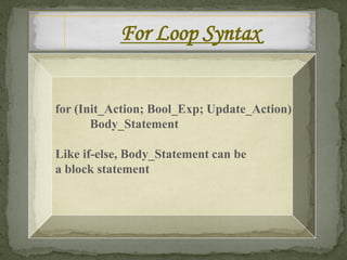 For Loop Syntax


for (Init_Action; Bool_Exp; Update_Action)
       Body_Statement

Like if-else, Body_Statement can be
a block statement
 