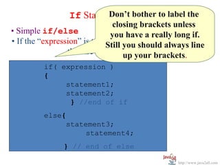 If Statement Syntax to label the
                           Don’t bother
                                closing brackets unless
• Simple if/else                you have a really long if.
• If the “expression” is true,Still if branch executes, if not,
                               the you should always line
                 the else branch executes. brackets.
                                     up your
         if( expression )
         if( expression )
         {
         {
              statement1;
              statement1;
              statement2;
              statement2;
       }       } //end of if              else
                                            {
          else{
               statement3;
         statement3;
                    statement4;
         statement4;                        }
              } // end of else

                                                     http://www.java2all.com
 