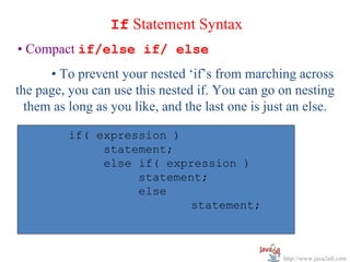 If Statement Syntax
• Compact if/else if/ else
      • To prevent your nested ‘if’s from marching across
the page, you can use this nested if. You can go on nesting
  them as long as you like, and the last one is just an else.

          if( expression )
               statement;
               else if( expression )
                    statement;
                    else
                            statement;



                                                   http://www.java2all.com
 