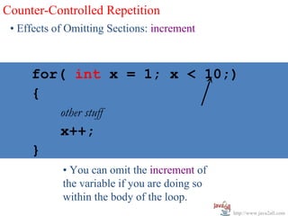 Counter-Controlled Repetition
 • Effects of Omitting Sections: increment



  for( int x x = 1; x < 10;)
   for( int = 1; x < 10; x++ )
   {
            other stuff
            x++;
     }
            • You can omit the increment of
            the variable if you are doing so
            within the body of the loop.
                                               http://www.java2all.com
 