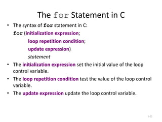 The for Statement in C
• The syntax of for statement in C:
for (initialization expression;
loop repetition condition;
update expression)
statement
• The initialization expression set the initial value of the loop
control variable.
• The loop repetition condition test the value of the loop control
variable.
• The update expression update the loop control variable.
5-32
 