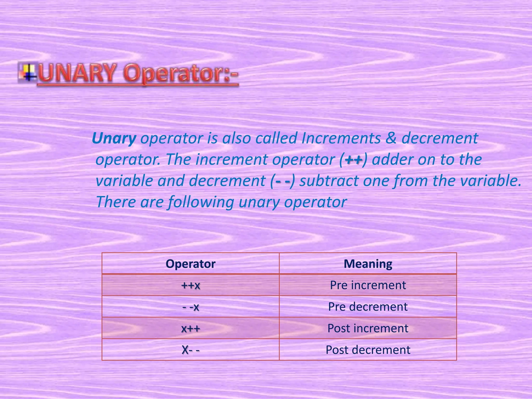 Unary operator is also called Increments & decrement
operator. The increment operator (++) adder on to the
variable and decrement (- -) subtract one from the variable.
There are following unary operator
Operator Meaning
++x Pre increment
- -x Pre decrement
x++ Post increment
X- - Post decrement
 
