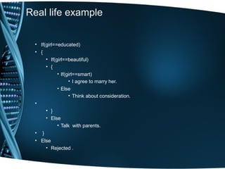 Real life example
• If(girl==educated)
• {
• If(girl==beautiful)
• {
• If(girl==smart)
• I agree to marry her.
• Else
• Think about consideration.
•
• }
• Else
• Talk with parents.
• }
• Else
• Rejected .
 