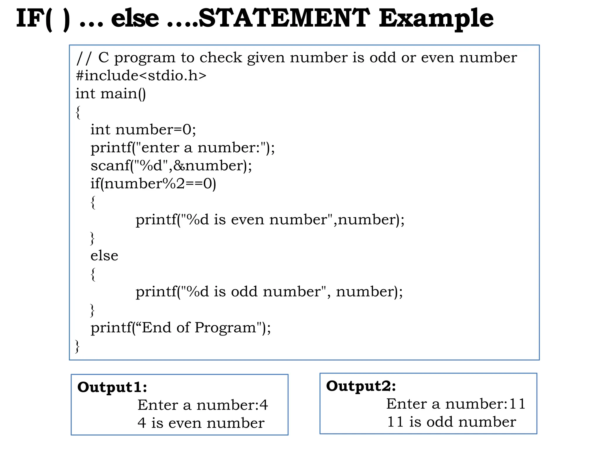 IF( ) … else ….STATEMENT Example // C program to check given number is odd or even number #include<stdio.h> int main() { int number=0; printf("enter a number:"); scanf("%d",&number); if(number%2==0) { printf("%d is even number",number); } else { printf("%d is odd number", number); } printf(“End of Program"); } Output1: Enter a number:4 4 is even number Output2: Enter a number:11 11 is odd number 