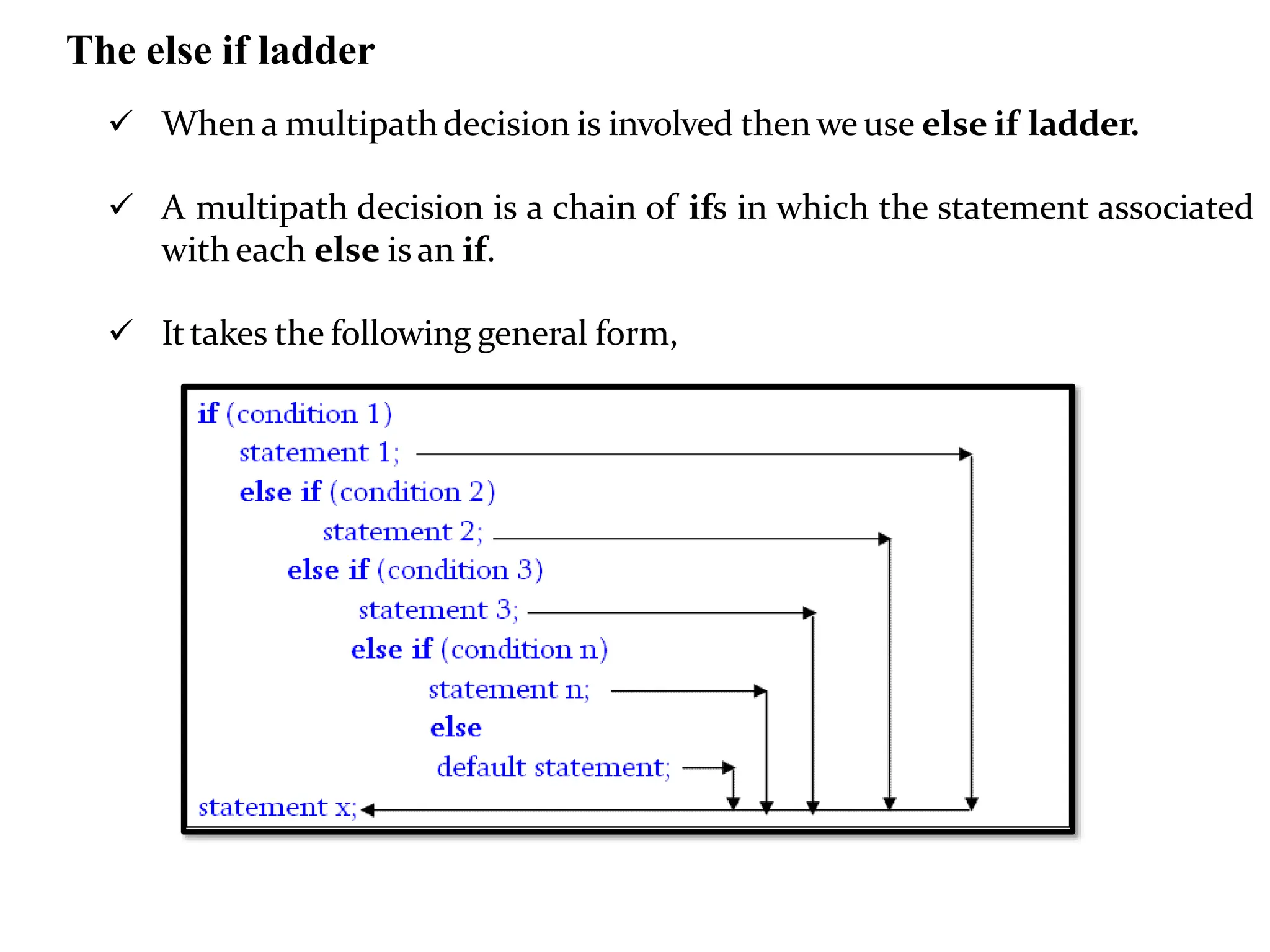 The else if ladder  When a multipathdecision is involved then we use else if ladder.  A multipath decision is a chain of ifs in which the statement associated witheach else is an if.  Ittakes the following general form, 