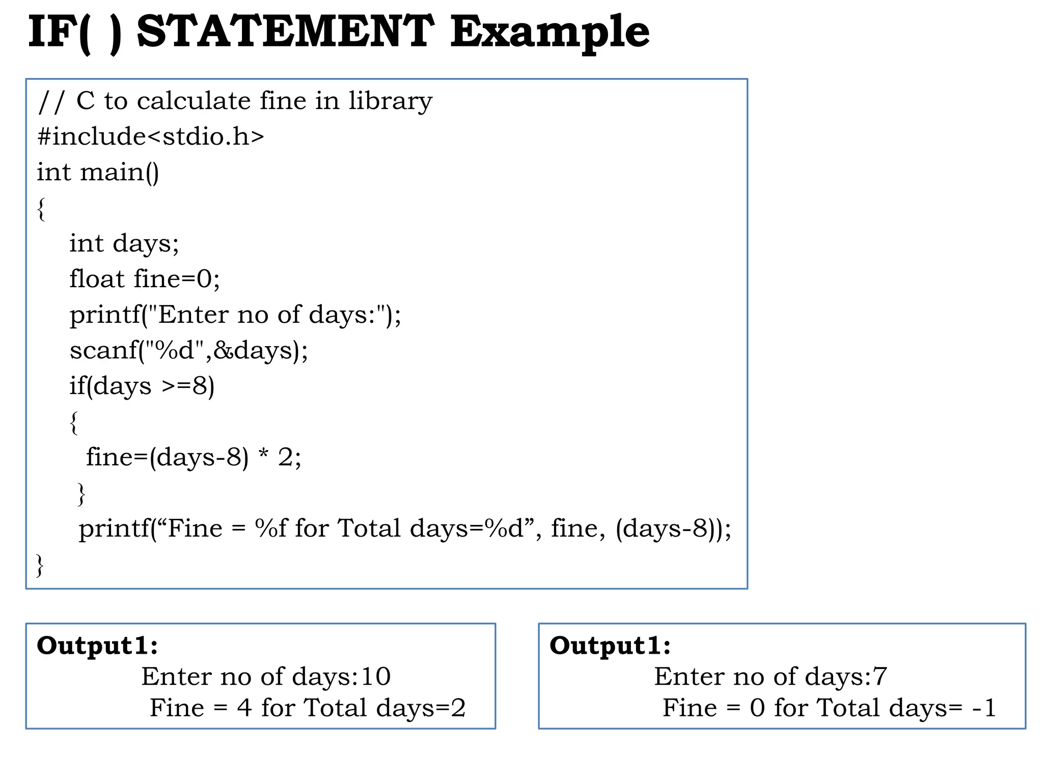 IF( ) STATEMENT Example // C to calculate fine in library #include<stdio.h> int main() { int days; float fine=0; printf("Enter no of days:"); scanf("%d",&days); if(days >=8) { fine=(days-8) * 2; } printf(“Fine = %f for Total days=%d”, fine, (days-8)); } Output1: Enter no of days:10 Fine = 4 for Total days=2 Output1: Enter no of days:7 Fine = 0 for Total days= -1 