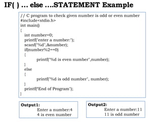 IF( ) … else ….STATEMENT Example
// C program to check given number is odd or even number
#include<stdio.h>
int main()
{
int number=0;
printf("enter a number:");
scanf("%d",&number);
if(number%2==0)
{
printf("%d is even number",number);
}
else
{
printf("%d is odd number", number);
}
printf(“End of Program");
}
Output1:
Enter a number:4
4 is even number
Output2:
Enter a number:11
11 is odd number
 