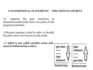 UNCONDITIONAL STATEMENTS - THE GOTO STATEMENT
C supports the goto statement to
branchunconditionally from one point of the
program toanother.
The goto requires a label in order to identify
the place where the branch is to be made.
A label is any valid variable name and
must be followed byacolon.
 