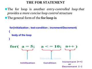 THE FOR STATEMENT
⚫The for loop is another entry-controlled loop that
provides a more concise loop control structure
⚫Thegeneral form of the for loop is
for(initialization ; test-condition ; increment/Decrement)
{
body of the loop
}
 