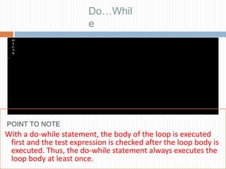 Do…Whil
e
POINT TO NOTE
With a do-while statement, the body of the loop is executed
first and the test expression is checked after the loop body is
executed. Thus, the do-while statement always executes the
loop body at least once.
 