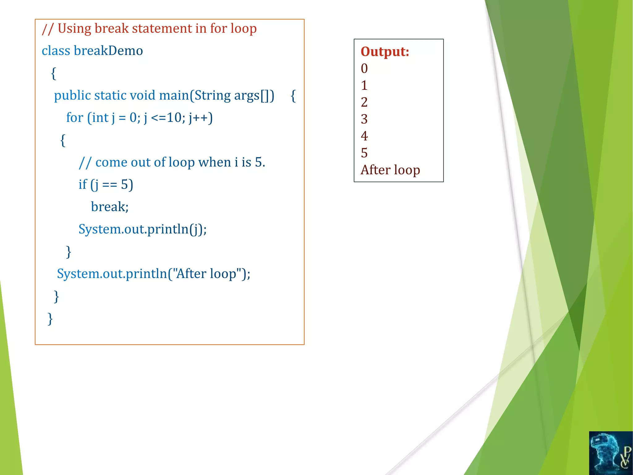 // Using break statement in for loop
Output:
0
1
2
3
4
5
After loop
 
