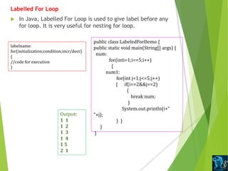 Labelled For Loop
 In Java, Labelled For Loop is used to give label before any
for loop. It is very useful for nesting for loop.
labelname:
for(initialization;condition;incr/decr)
{
//code for execution
}
public class LabeledForDemo {
public static void main(String[] args) {
num:
for(inti=1;i<=5;i++)
{
num1:
for(int j=1;j<=5;j++)
{ if(i==2&&j==2)
{
break num;
}
System.out.println(i+"
"+j);
} }
}
}
Output:
1 1
1 2
1 3
1 4
1 5
2 1
 