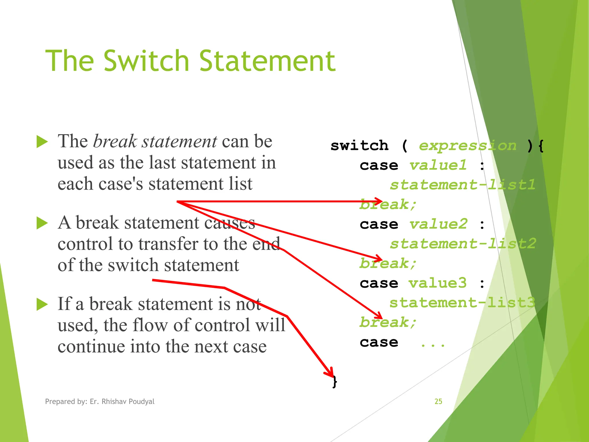 The Switch Statement  The break statement can be used as the last statement in each case's statement list  A break statement causes control to transfer to the end of the switch statement  If a break statement is not used, the flow of control will continue into the next case switch ( expression ){ case value1 : statement-list1 break; case value2 : statement-list2 break; case value3 : statement-list3 break; case ... } Prepared by: Er. Rhishav Poudyal 25 