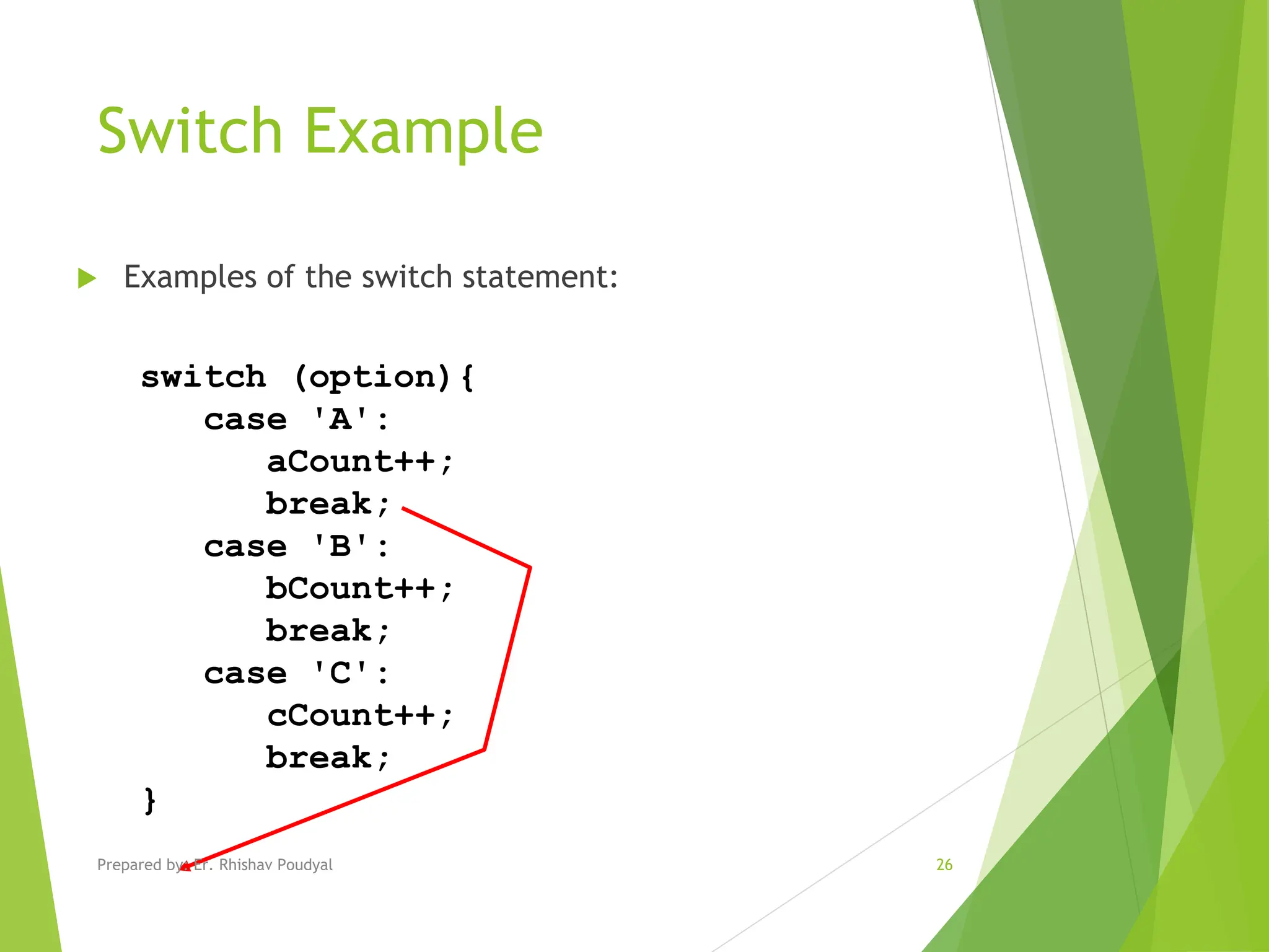 Switch Example  Examples of the switch statement: switch (option){ case 'A': aCount++; break; case 'B': bCount++; break; case 'C': cCount++; break; } Prepared by: Er. Rhishav Poudyal 26 