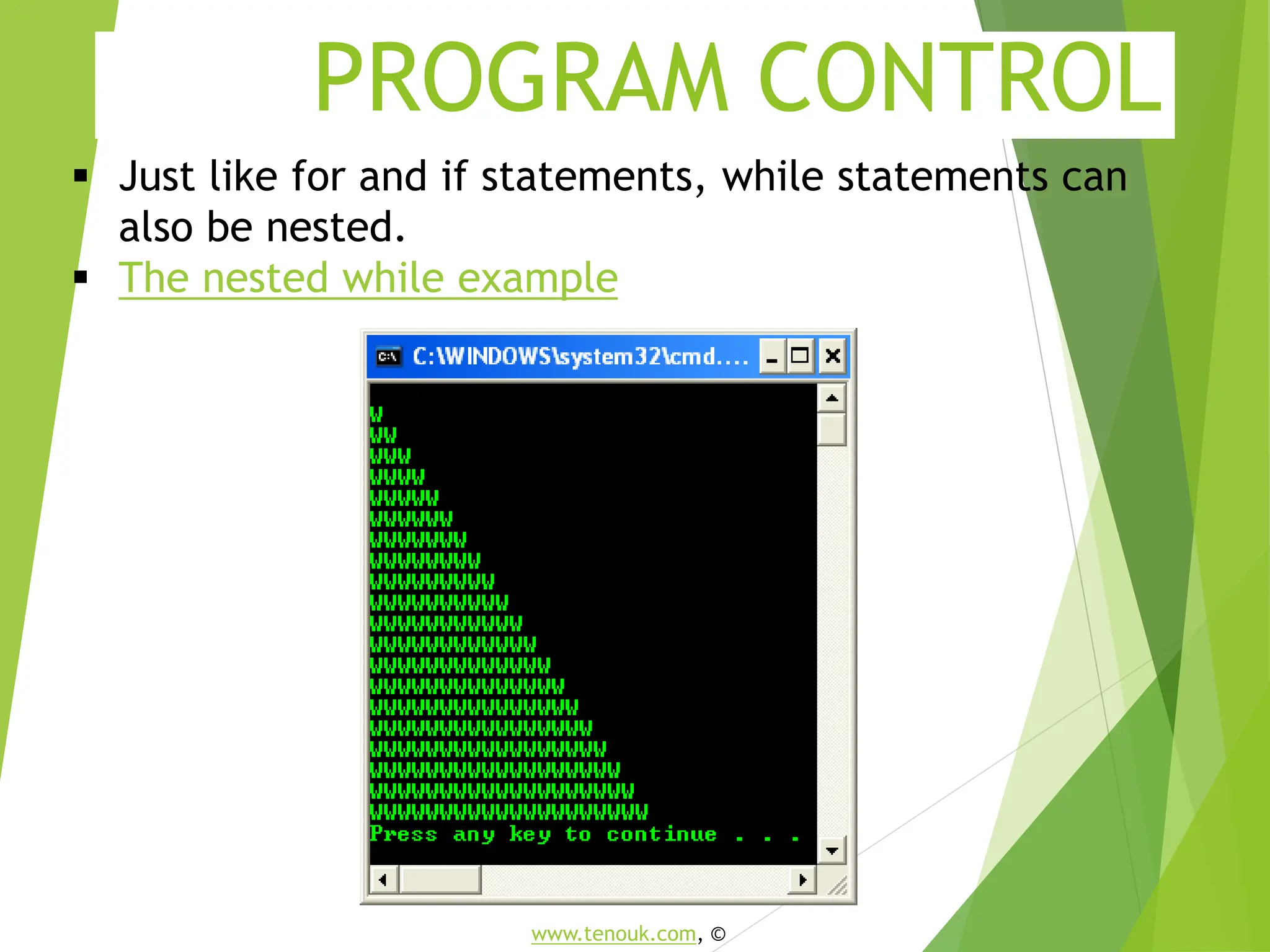 PROGRAM CONTROL  Just like for and if statements, while statements can also be nested.  The nested while example www.tenouk.com, © 