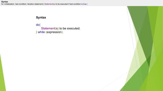 switch (expression) { case condition 1: statement(s) break; case condition 2: statement(s) break; ... case condition n: statement(s) break; default: statement(s) }
Syntax
do{
Statement(s) to be executed;
} while (expression);
while (expression){ Statement(s) to be executed if expression is true }
Syntax
for (initialization; test condition; iteration statement){ Statement(s) to be executed if test condition is true }
 