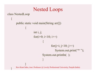 Nested Loops
class NestedLoop
{
public static void main(String arr[])
{
int i, j;
for(i=0; i<10; i++)
{
for(j=i; j<10; j++)
System.out.print(“* ”);
System.out.println( );
}
}
} Ravi Kant Sahu, Asst. Professor @ Lovely Professional University, Punjab (India)
 